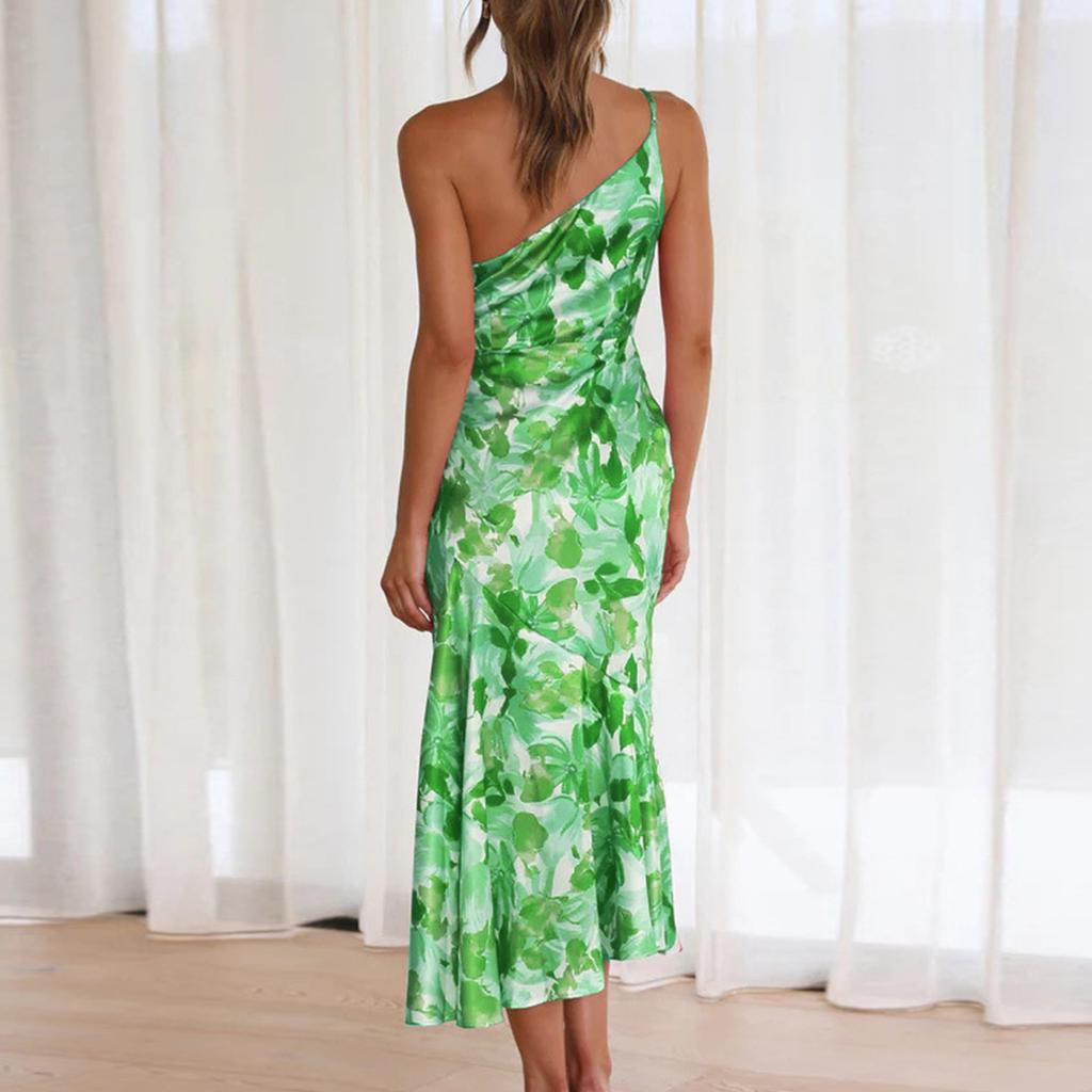 Stylish Slant Neck Strap Fishtail Print Dress