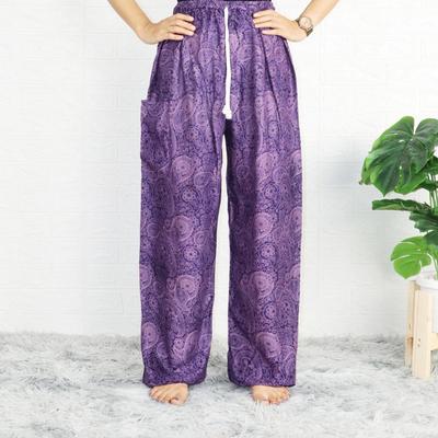 Hippie Chic, Pantaloni Lounge, imprimeu flori, Marime unica cu cordon, model unisex. Violet.