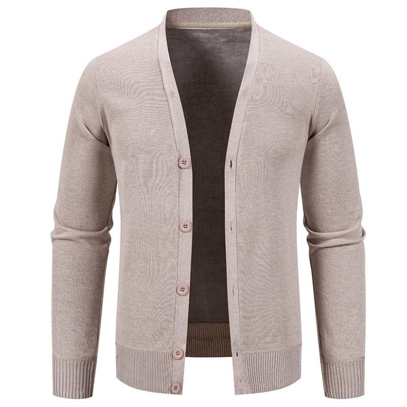 Men S V Neck Long Sleeve Fleece Knit Cardigan Solid Color Casual