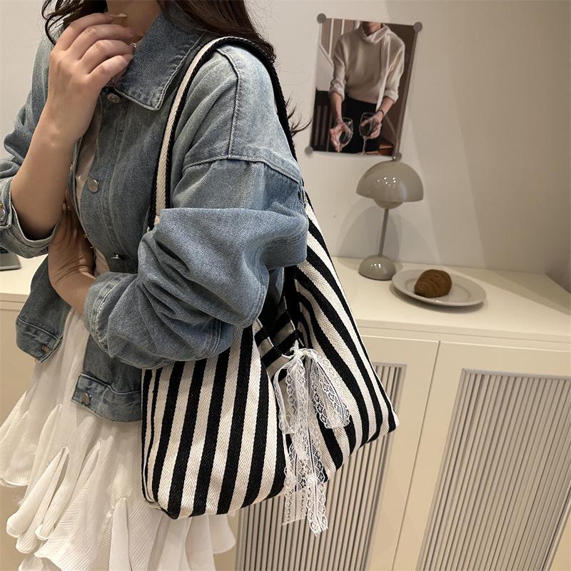 Korean Ins Striped Canvas Tote Bag Women's 2025 New Large-capacity Shoulder Underarm Bag Commuter Handbag