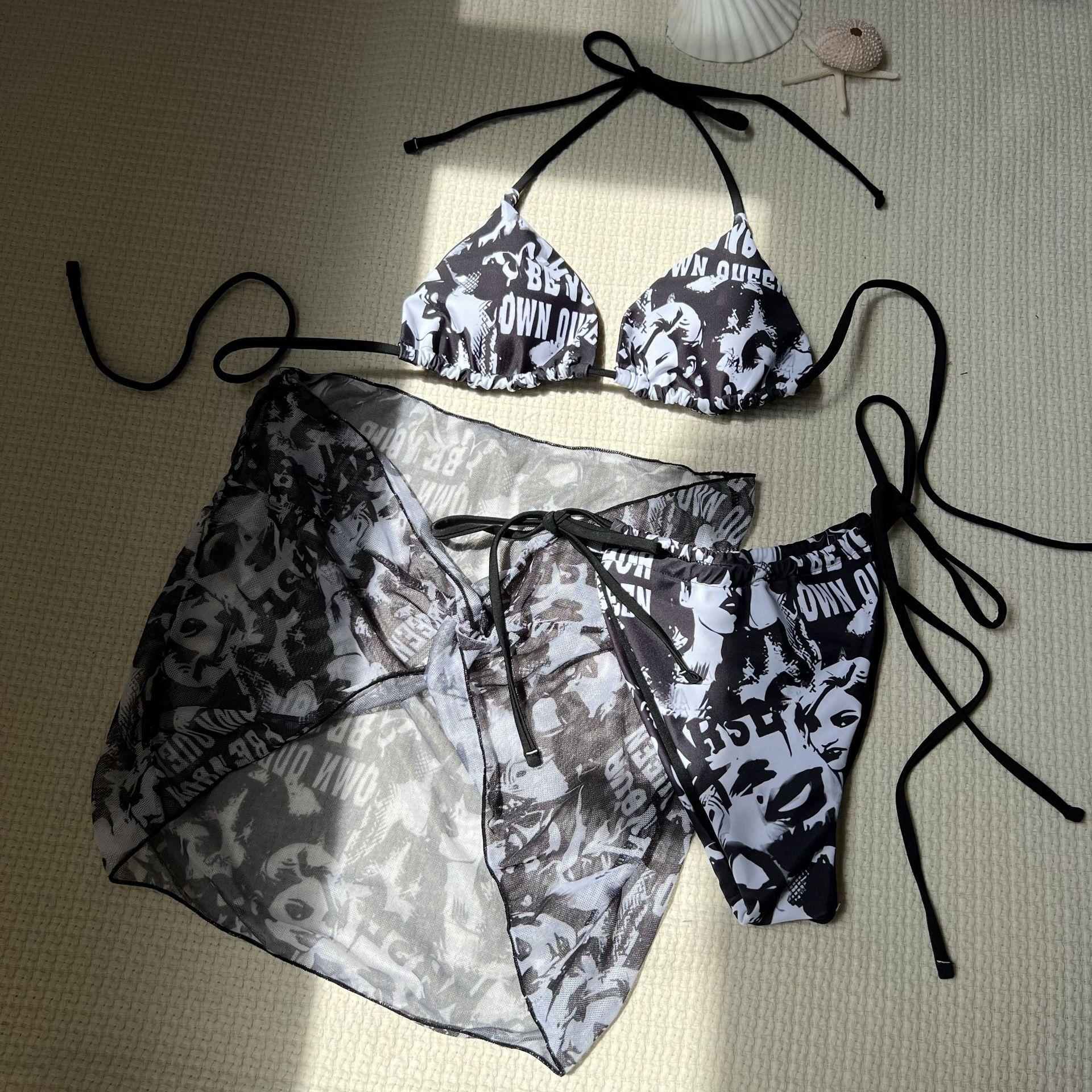 European and American movie characters three-piece mesh skirt swimsuit bikini bikini S чёрный