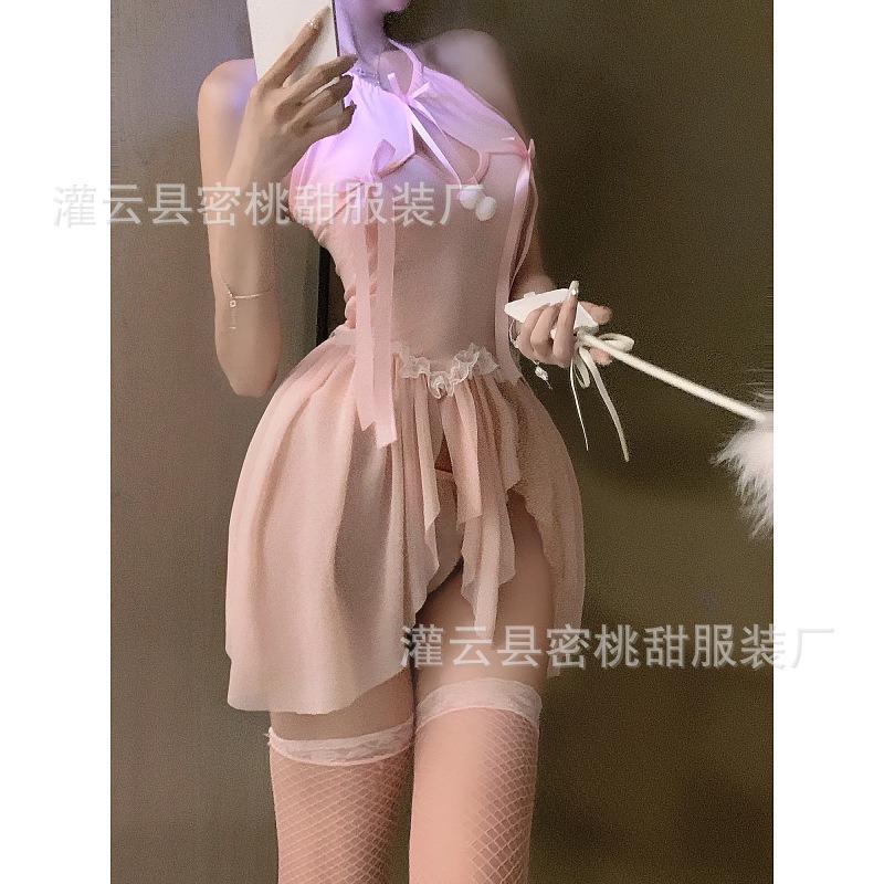 Sexy lingerie sexy pink perspective cute bunny uniform seduction hot neck summer home pajamas