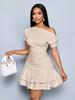 New Dress Summer Popular Women's Clothing Solid Color Slanted Shoulder Slim Ruffle Edge Dress