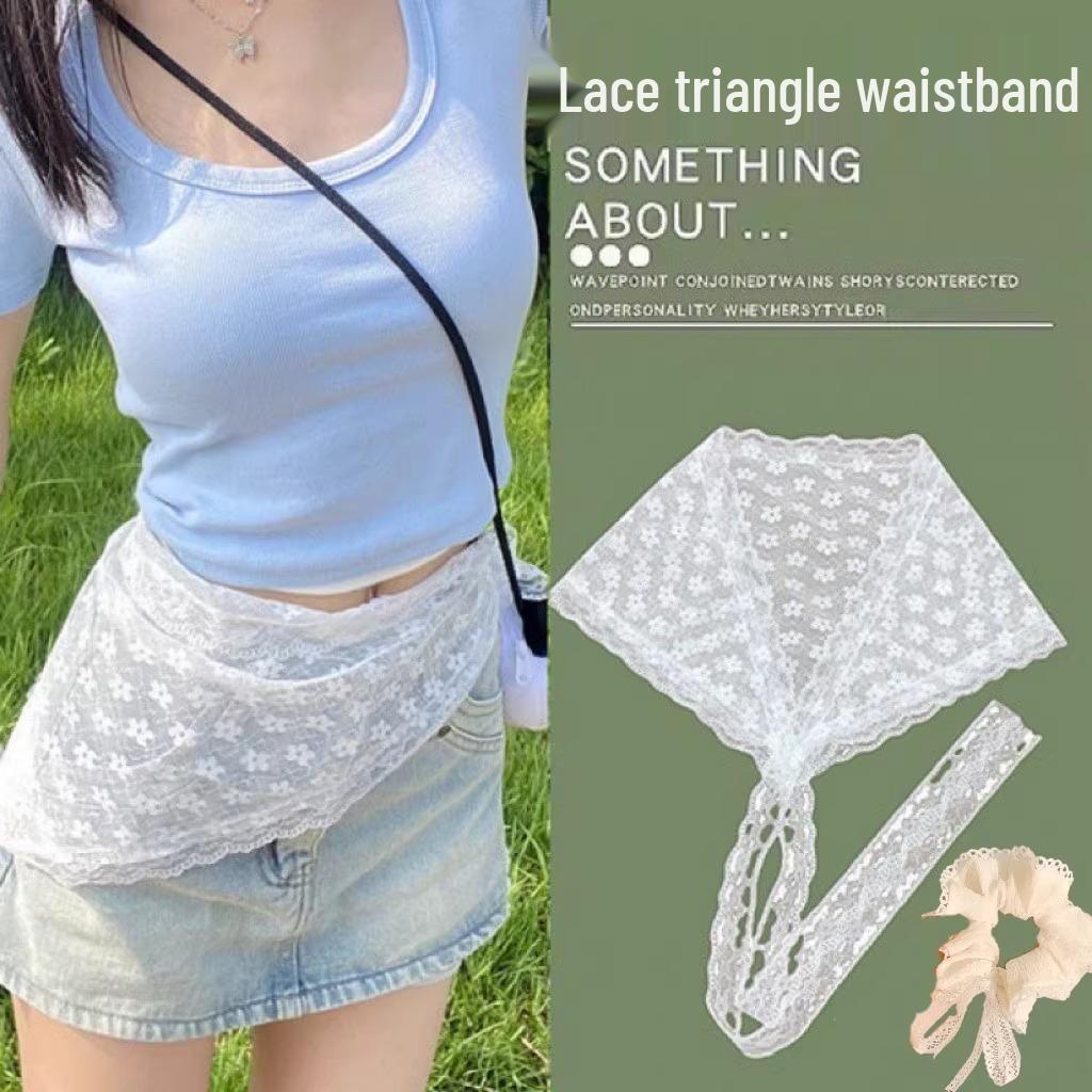 

Жіночий пояс з мереживною обробкою: Білий поясний шарф, бандана та кулон-стрічка для суконь, джинсів та турнюру.