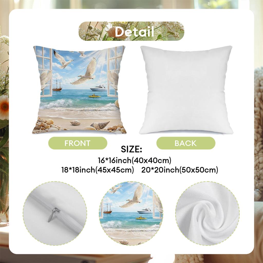 Window Beach View Pillow Covers, Coastal Seagull Sailboat Art Throw Pillow Cases, Nautical Ocean Home Decor Cushion Covers