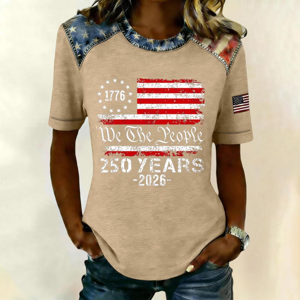Women Casual Short Sleeve T Shirt Crew Neck Patriotic Letter Print Top Slim Fit Lightweight Tee for Everyday Wear