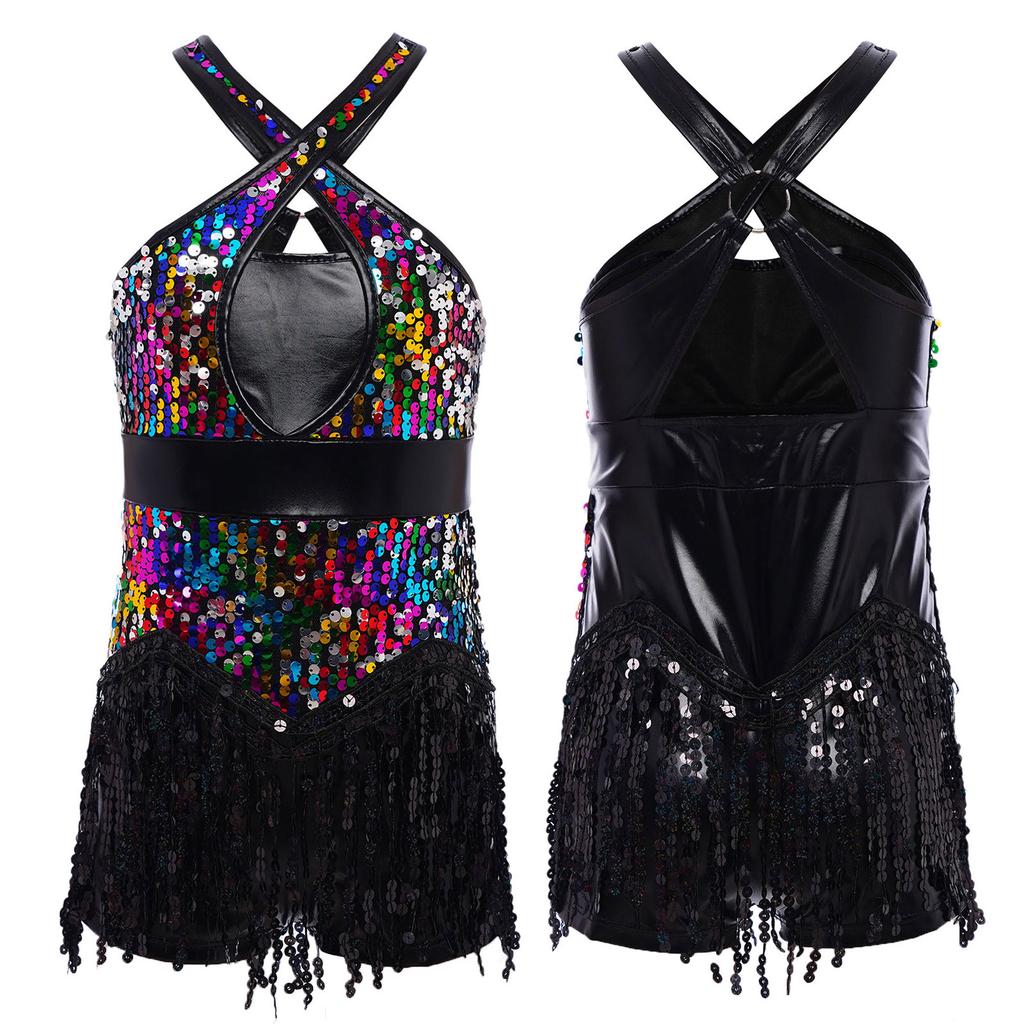 Mädchen Latein Tanzkostüm Cha Cha Glitzernde Pailletten Quasten Body Überkreuzt Vorne Ausschnitt Rücken Fransen Performance Bodysuit
