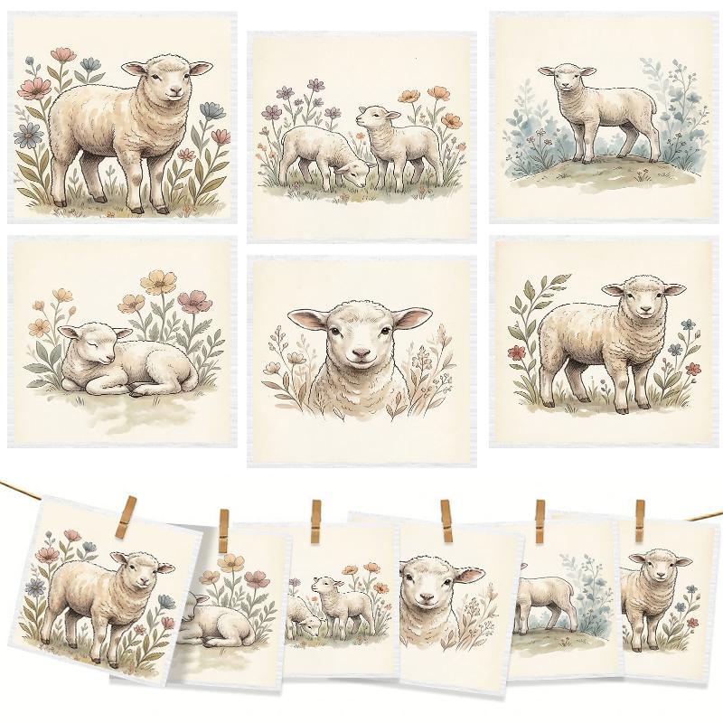 6PCS Kitchen Dishcloths Reusable Cleaning Dish Towels Absorbent Lint Free Cloth Washable Duster Rags Tea Towels Sheep Pattern Dishcloth