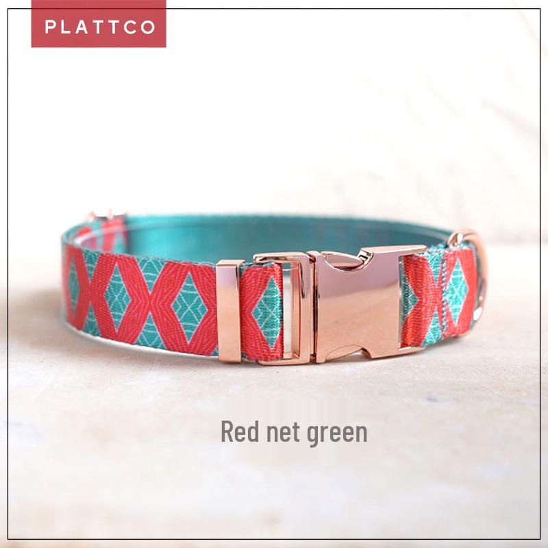 PLATTCO Red Mesh Green Nylon Dog Collar & Leash Travel Set S (31-41cm)