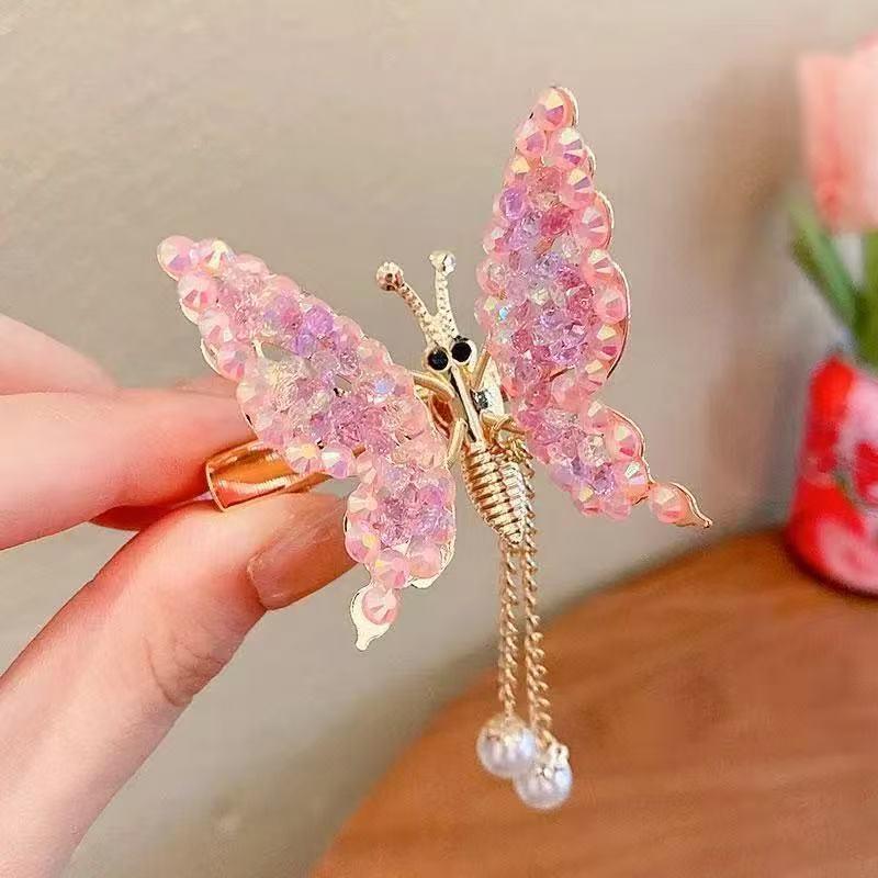 Kids' Butterfly Tassel Hair Clip with Pearls & Diamonds for Girls