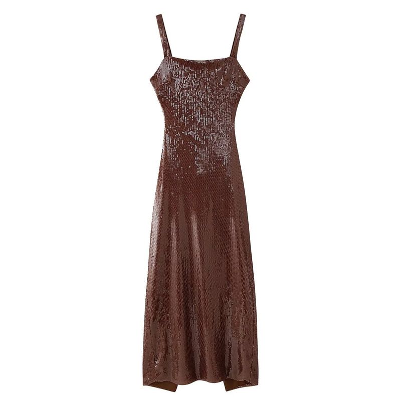 

Kaslead New Arrival Women s Fashion Style Fashion Minimalist Sequin Sling Open Back Long Dress Brown L
