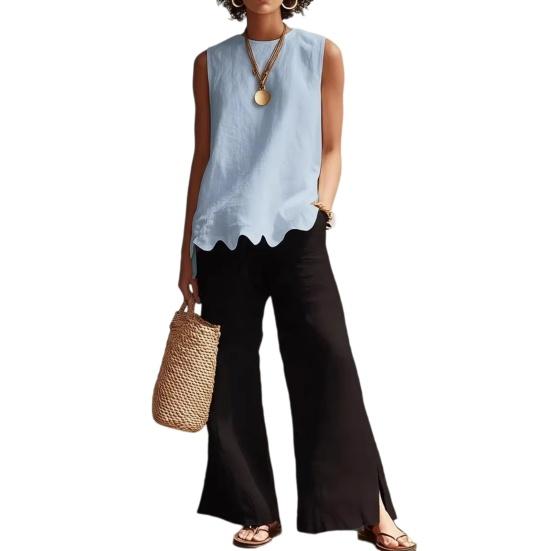 

Women s Sleeveless Tops Breathable Summer Top Casual Loose Fit Top with Wavy Hem Comfortable Crew Neck Shirt for Daily Wear Travel XL небесно-голубой