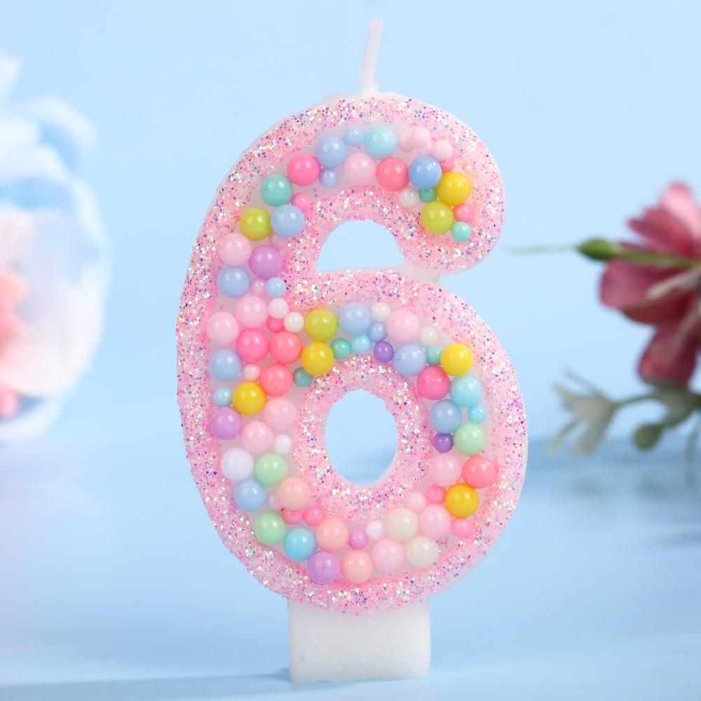 Colorful Ocean Bead Birthday Number Candle - Pink Edge Cake Decoration