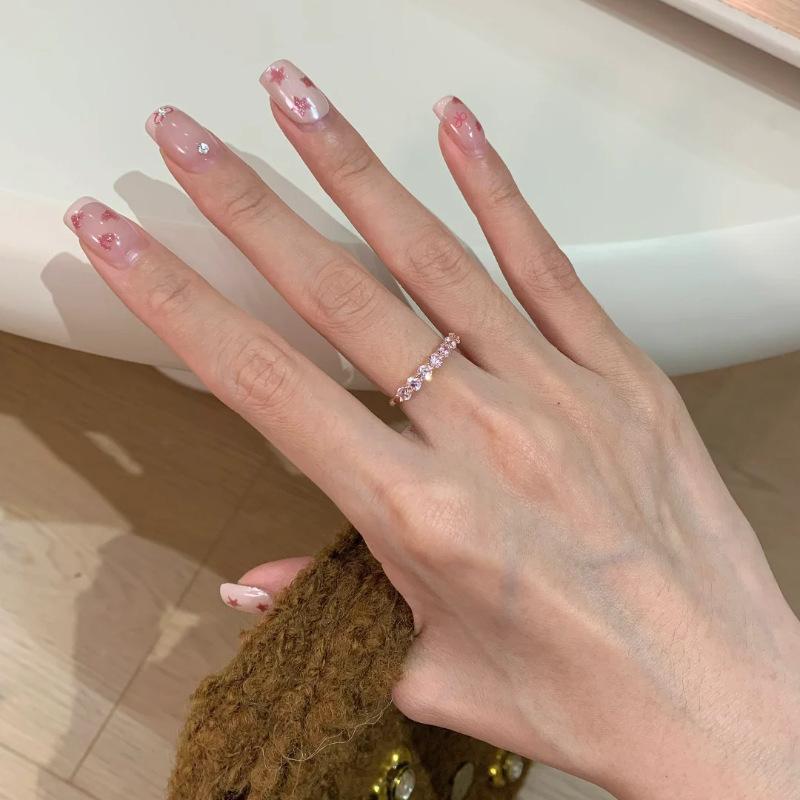 Pink Stylish Sakura Half Circle Zirconia Ring For Women Adjustable Geometry Copper