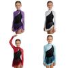 Vestido de Patinação Artística para Meninas Malha Mangas Longas Aberturas para Polegar Decote com Buraco Color Block de Strass Barra Assimétrica Franzida Calcinha Integrada