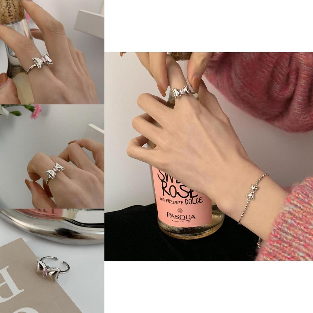 Exquisite Korean Daejeon Design Pink Diamond Bow Tie Ring Adjustable Size For Women