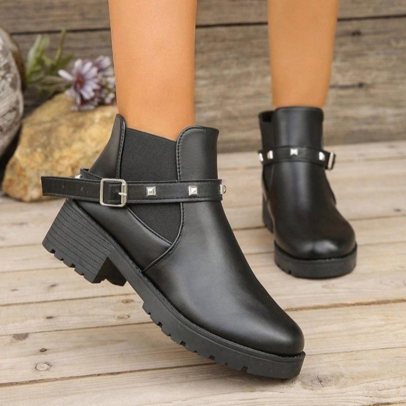 Ladies Shoes Brand Slip-on Women's Boots Fashion Belt Buckle Round Toe Office and Career New Rivet Best Seller Ankle Boots