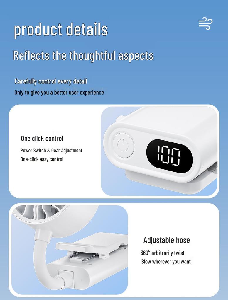 USB Digital Display Portable Mini Silent Clip Fan for Eyelash and Nail Makeup with Soft Tube