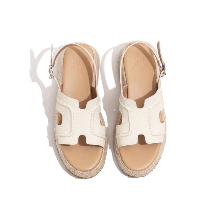 Ruth, the Same Leather One-word Sandals for Women 2025 New Straw Woven Thick-soled H Muffin 5cm High-heeled Cool Slippers for Women