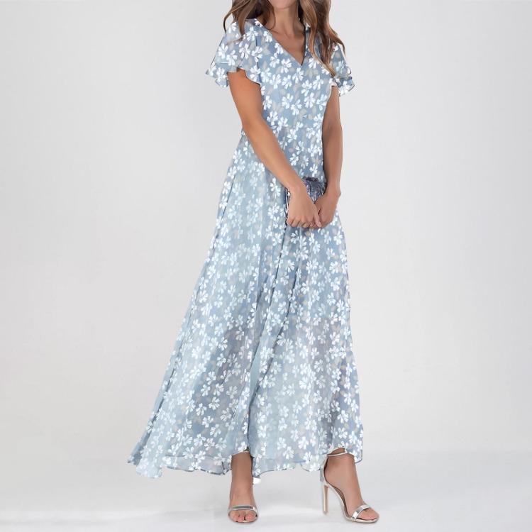 Maxikleider Lässig für Damen Sommer Elegant Süß Fließend Hochzeitsgast Kurzarm Chiffon Geblümte Kleider