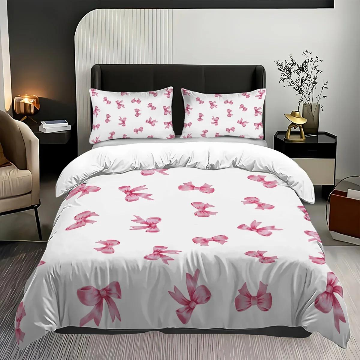 

3pcs pink bow cherry patterned duvet cover set, 1 duvet cover+2 pillowcases, coreless. Soft and comfortable bedding set EU Twin(135x200cm)