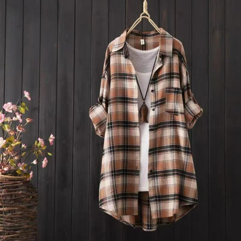 Plaid Shirt Women's Summer and Autumn Mid-length Loose Lazy Style Hong Kong Style Plaid Shirt Jacket Top Women