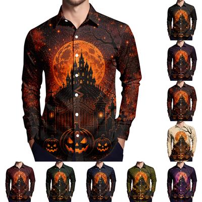 Men's Halloween Print Long Sleeve Button Down Shirt for Halloween Party