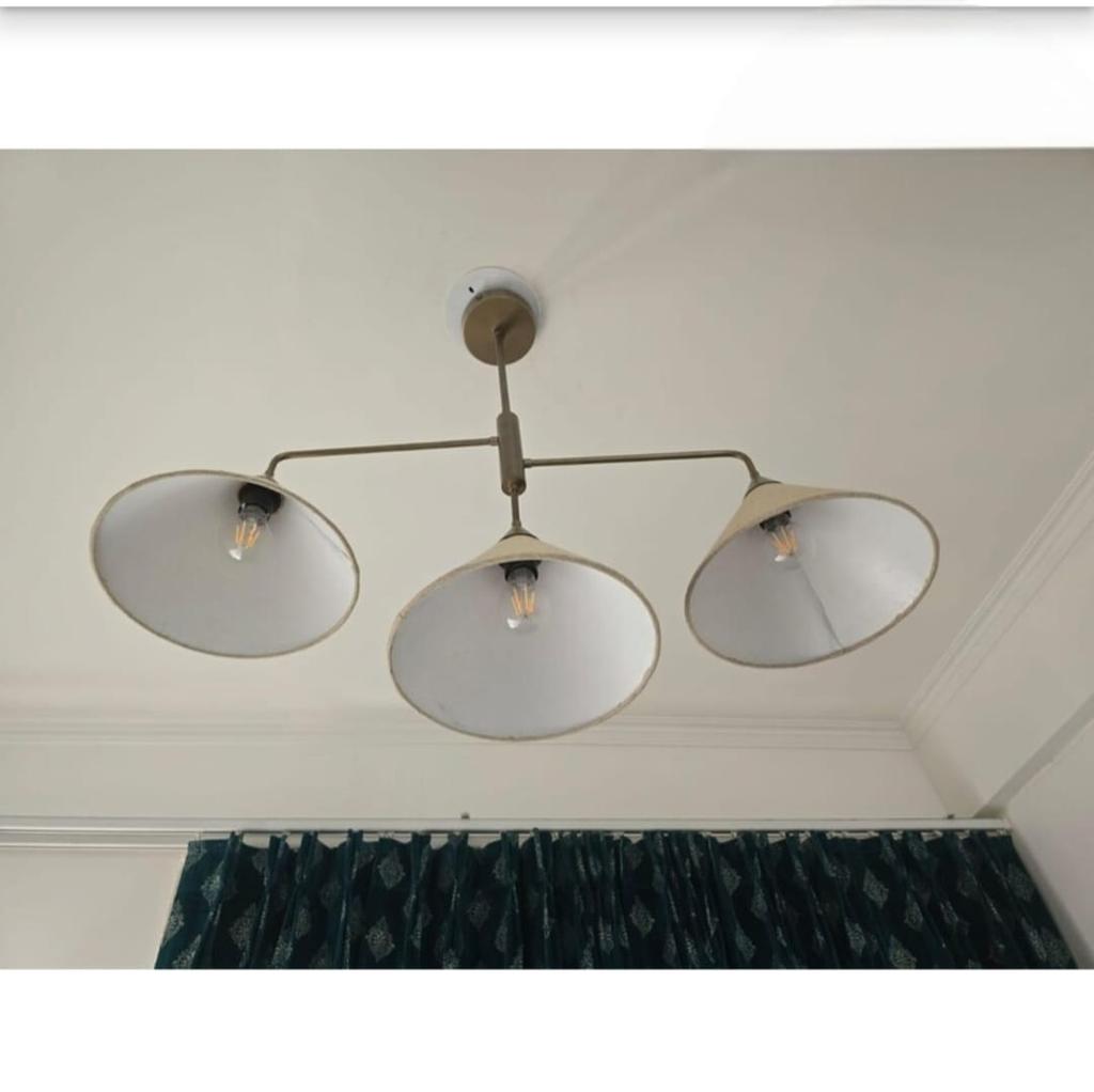 Raw Brass Pendant Light Mid Century Modern 3-Light Ceiling Pendant Fabric Shade
