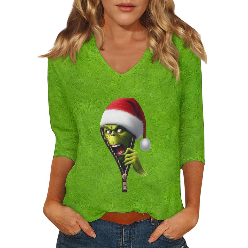 Women's Casual Fashionable Sexy Comfortable V-Neck Christmas Three-Quarter Sleeve Top