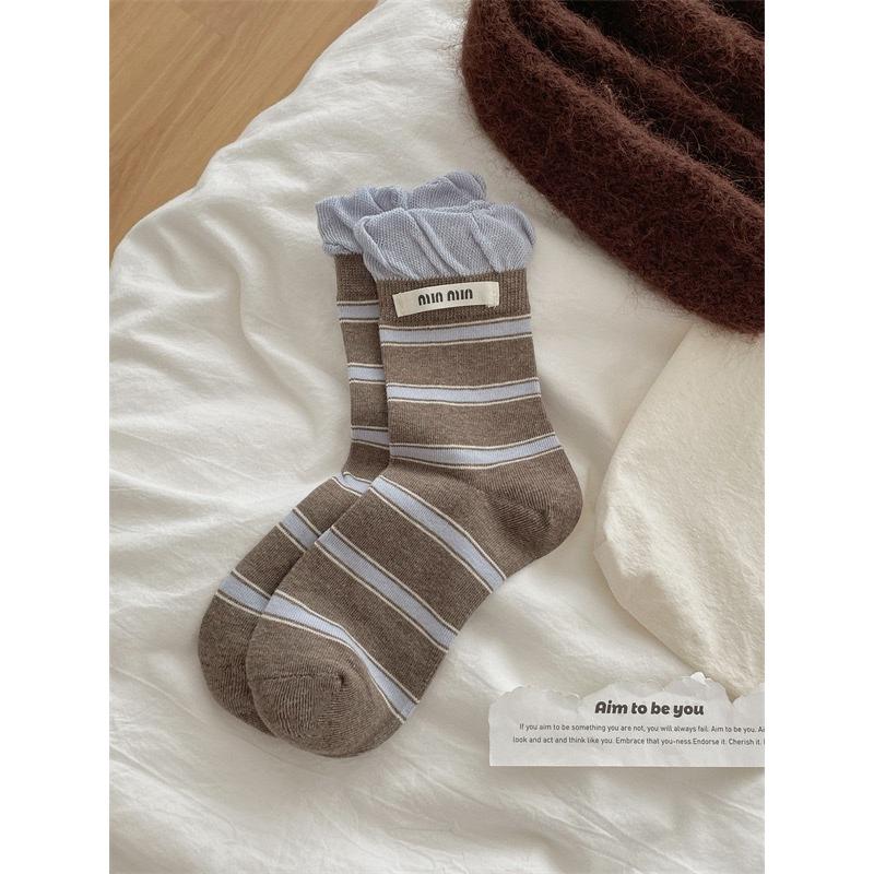 Female Autumn Color Striped Double Collar Letter Cloth Label Boneless Sweat Absorbent Breathable Tube Pile Socks