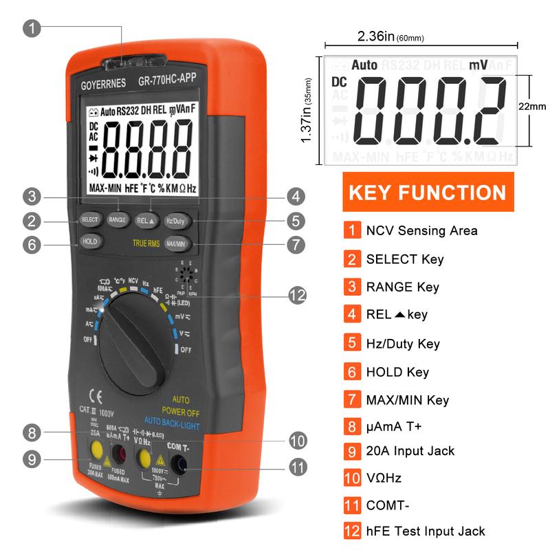 6000 Counts Bluetooth Digital Multimeter, Auto-ranging TRMS Volt Meter for AC/DC Voltage, Current, Resistance, Diode Test