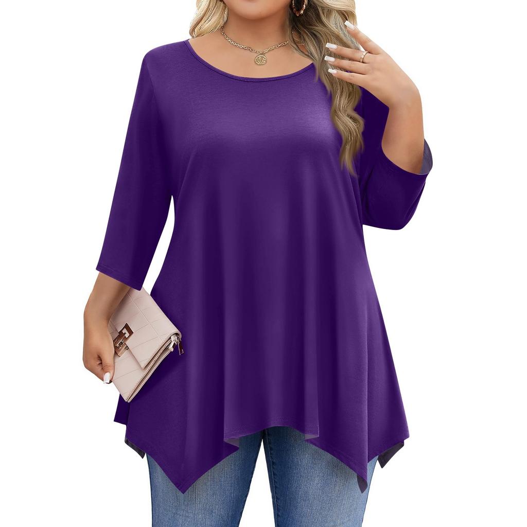 Womens Plus Size 3/4 Sleeve Shirts  Round Neck Tunic Tops Basic Loose Fit Tee Tops L-5XL