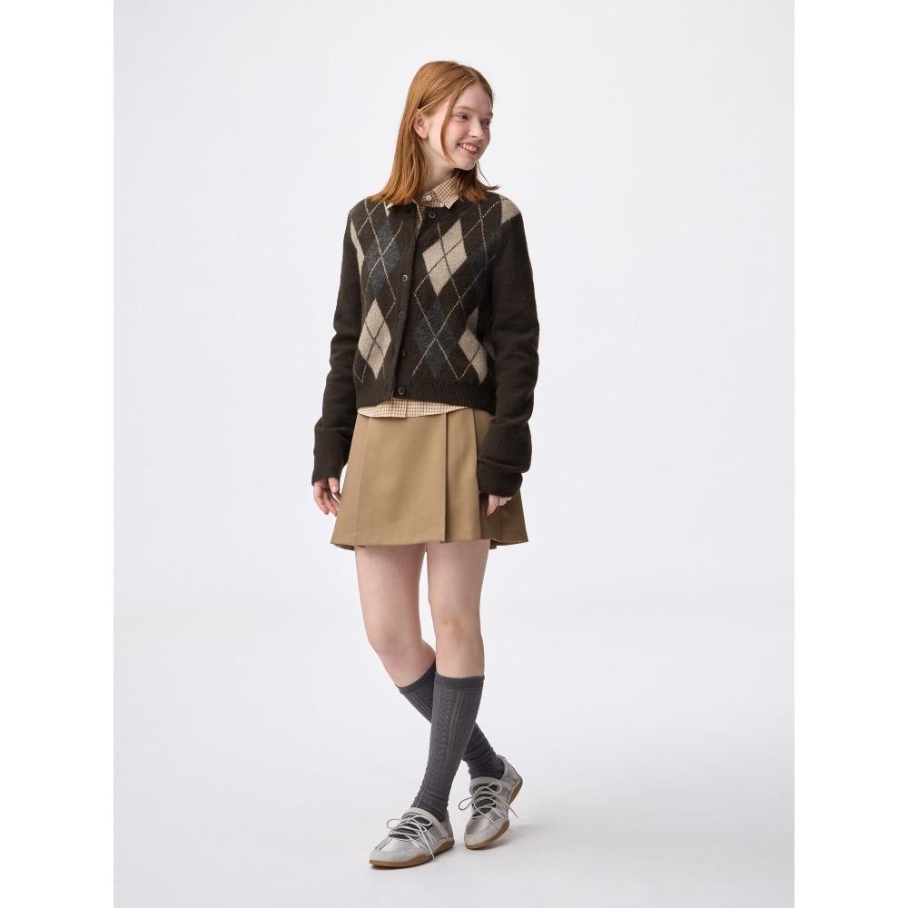 Uniqlo Gu Puff Knit Argyle Crew Neck Short Cardigan