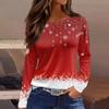 Women's Fashion Casual Slit Hem Round Neck Long Sleeve Loose Printed T-Shirt Ladies Top Christmas