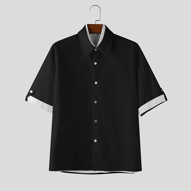 INCERUN Men Lapel Neck Short Sleeve Striped Print Oversized Shirts Tops