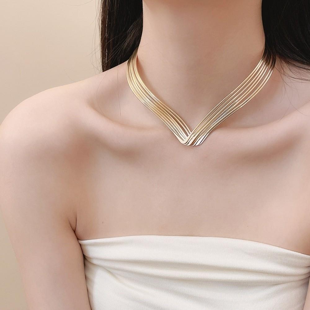Geometric Jewelry Metallic Multi-Layer Line Necklace Exaggerated Women's Fashion Choker Gifts