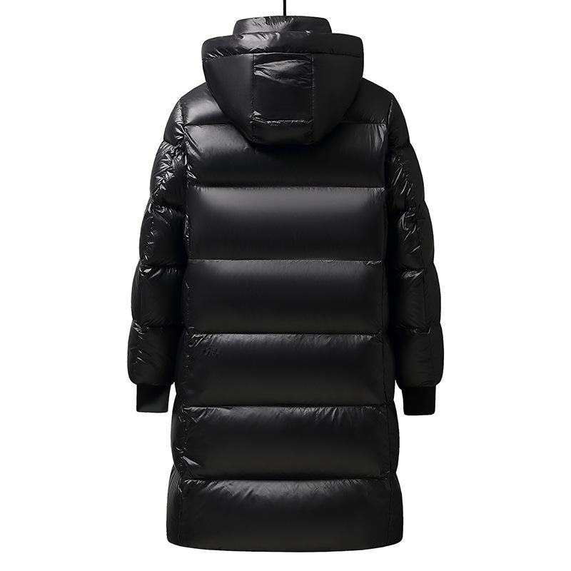 Men's and Women's Black and Gold Hooded Long Down Jacket - Thickened for Cold Protection