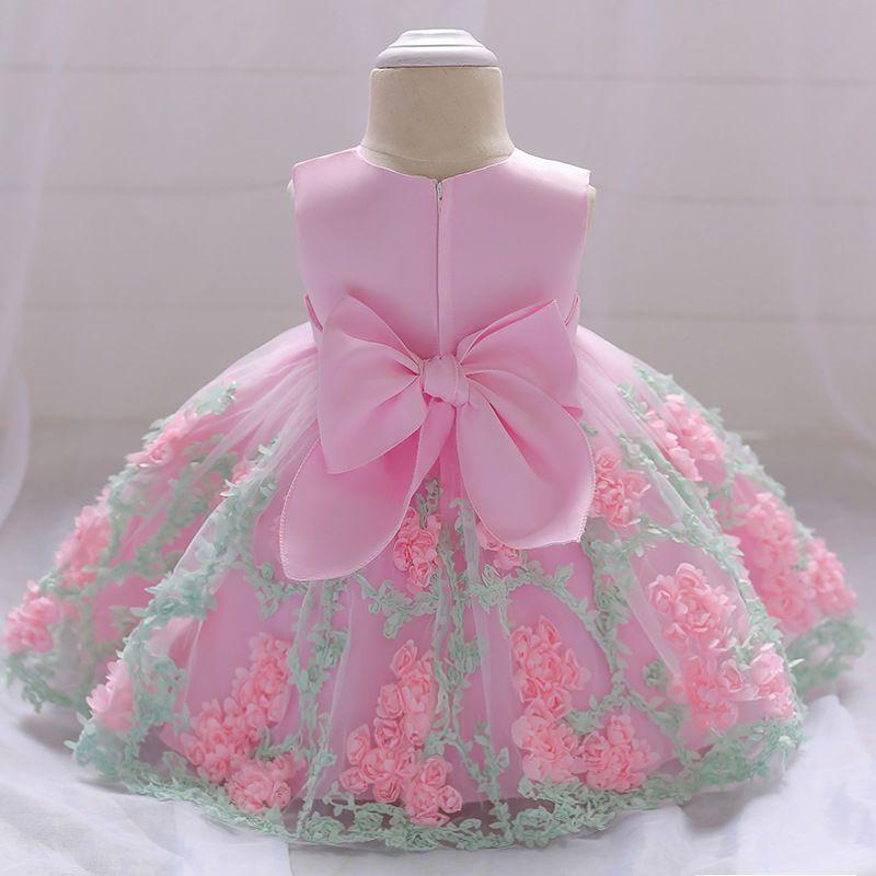 Summer Girls' Children's Dress Children's Wedding Dress Baby's First Birthday Dress Applique Mesh Puffy Skirt