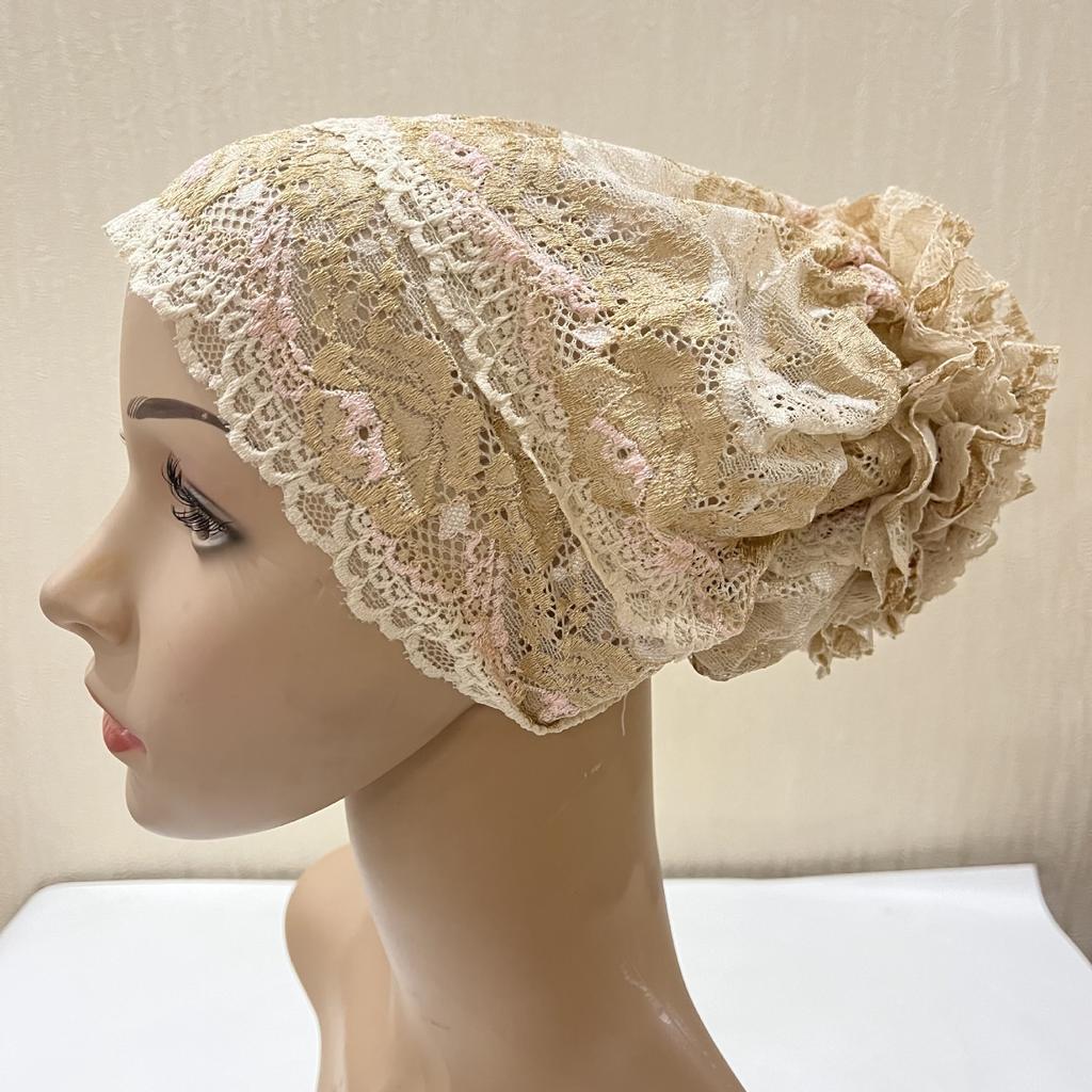 Lace Hijab Flower Headband Full Cover Bottom Hat Chemo Cap Muslim Fashion