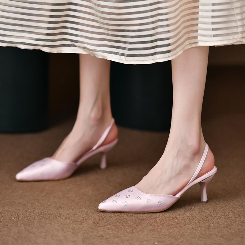 

мода весна новые туфли на высоком каблуке женская обувь мода вечеринка выпускной кристалл дизайн острый носок дамы элегантные босоножки с открытой пяткой 39 розовый