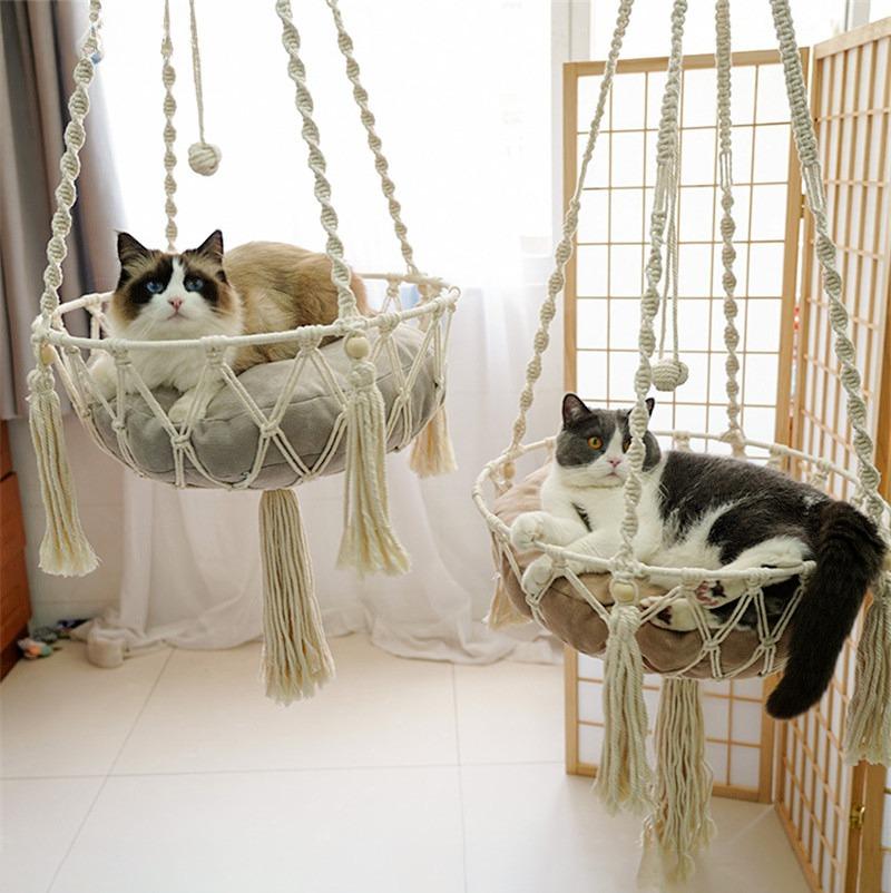 Pet Hammock Cat Swing Hand Woven Cotton Rope Cats Hanging Basket  Kitten Hanging String Den Indoor Pend Nest Pets Supplies