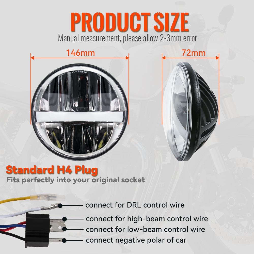 5.75 Inch Motorcycle Led Headlight with Halo Ring White DRL Angel Eye for Dyna Sportster Softail 5 3/4"Headlamp