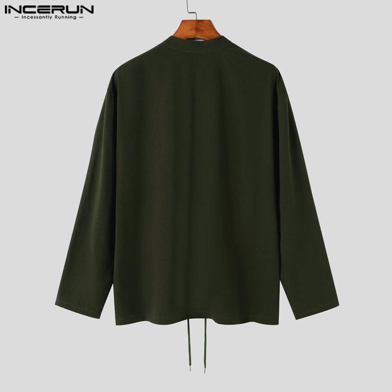 INCERUN Men Vintage Ethnic Long Sleeve Lace Up Shirts Casual Bandage Tops