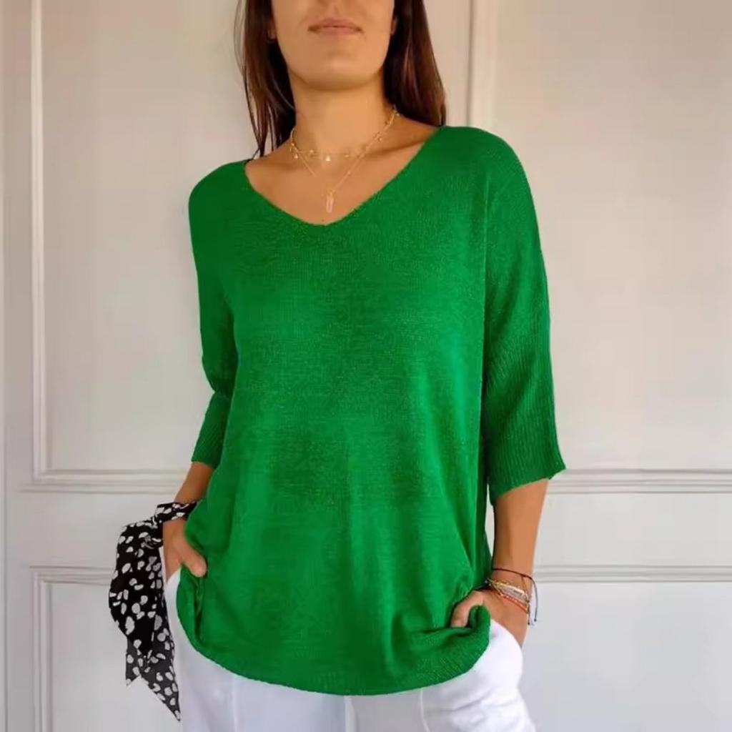 Spring Summer Women's European American Style V-neck Solid Color Lightweight Knit Top Casual Basic Knit Sweater Base Layer