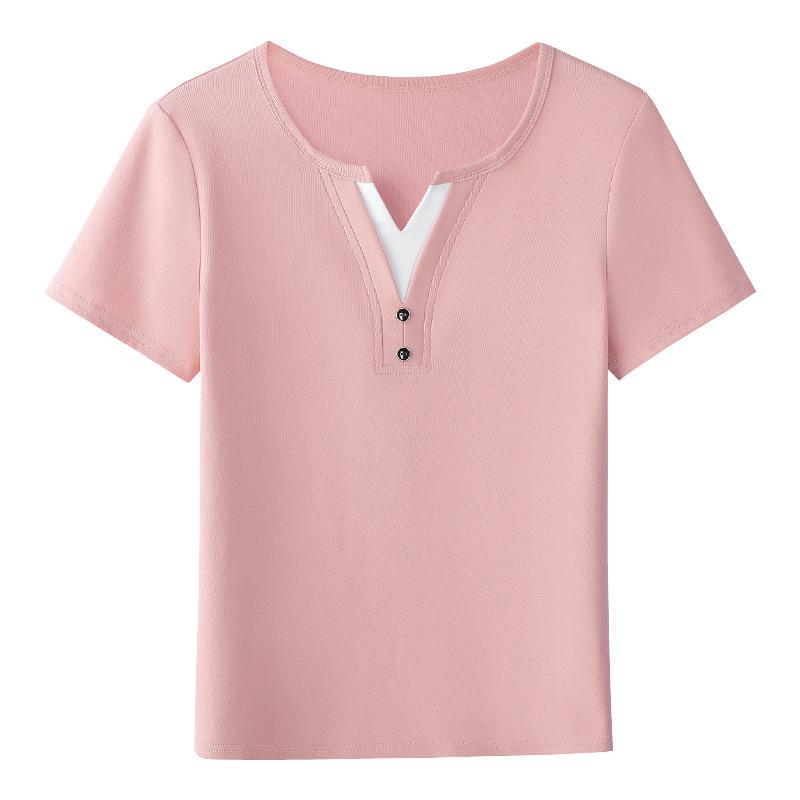 Damen Sommer Klein Modedesign Sinn V-Ausschnitt Genäht Kurzarm Top