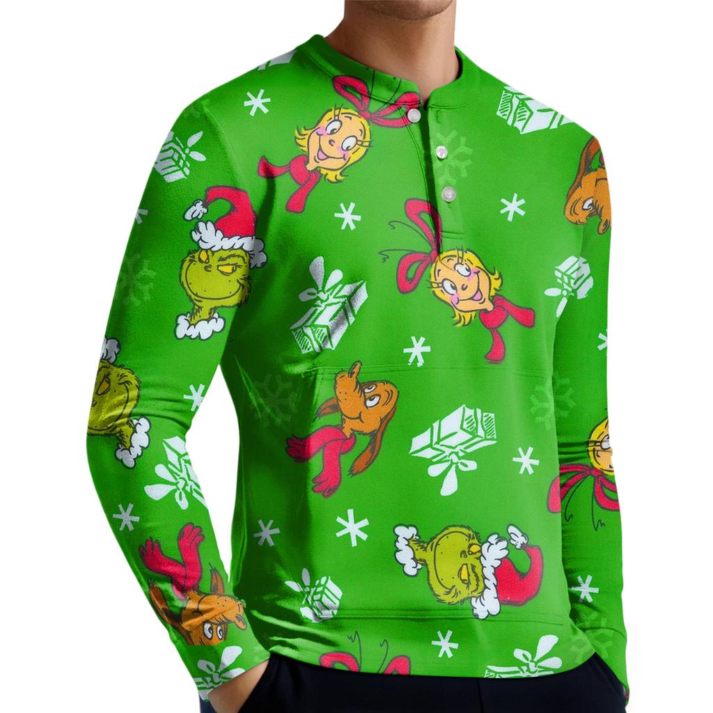 Pánská ležérní mikina na knoflíky, módní potištěná košile s dlouhým rukávem, pulovr