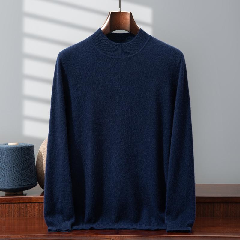 Men's 100% Pure Cashmere Double-Layer Sweater, Semi-High Neck, 2025 Autumn/Winter Thick Knit Base Layer