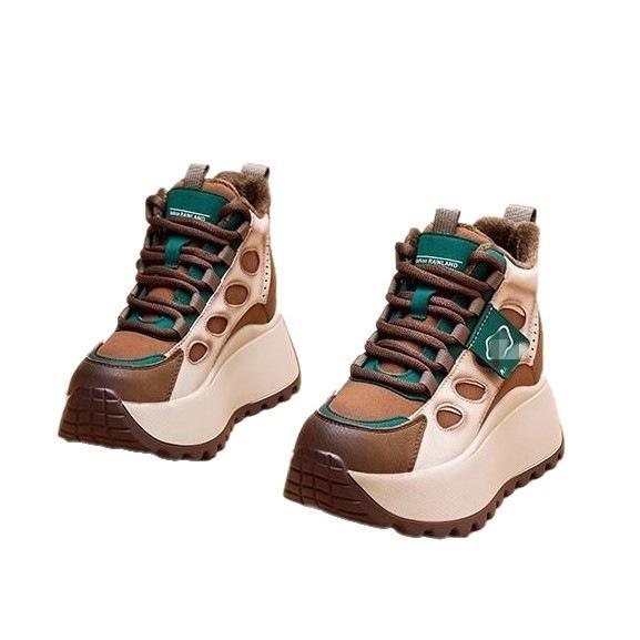 Retro inner height-increasing dad shoes autumn new lightweight sports velvet cotton shoes platform-soled high-top shoes