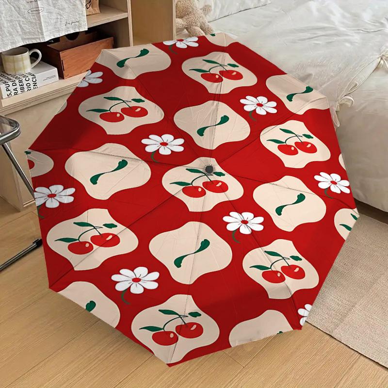 1pc Cherries Flowers Automatic Open/Close Umbrella Compact Folding Umbrella with 8-Rib Shaft for Women/Men, Elegant Birthday1249S