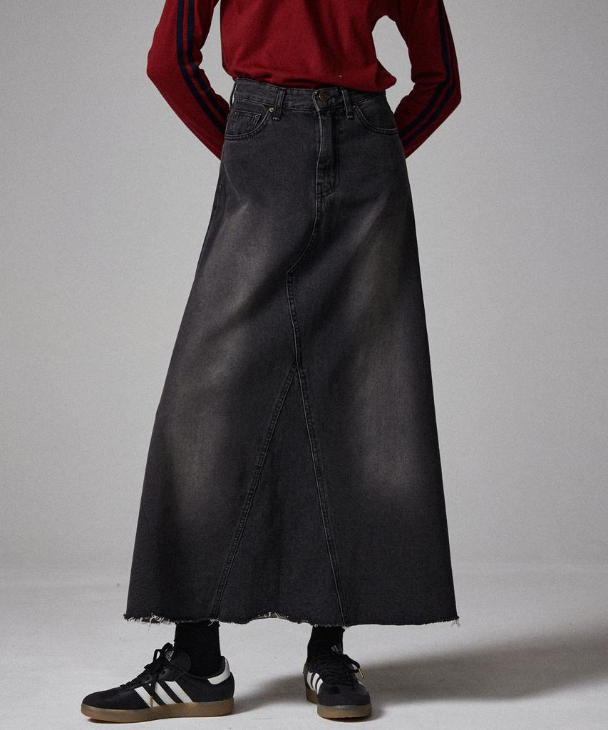 AWESOME STUDIO Flare Maxi Long Denim Skirt Black